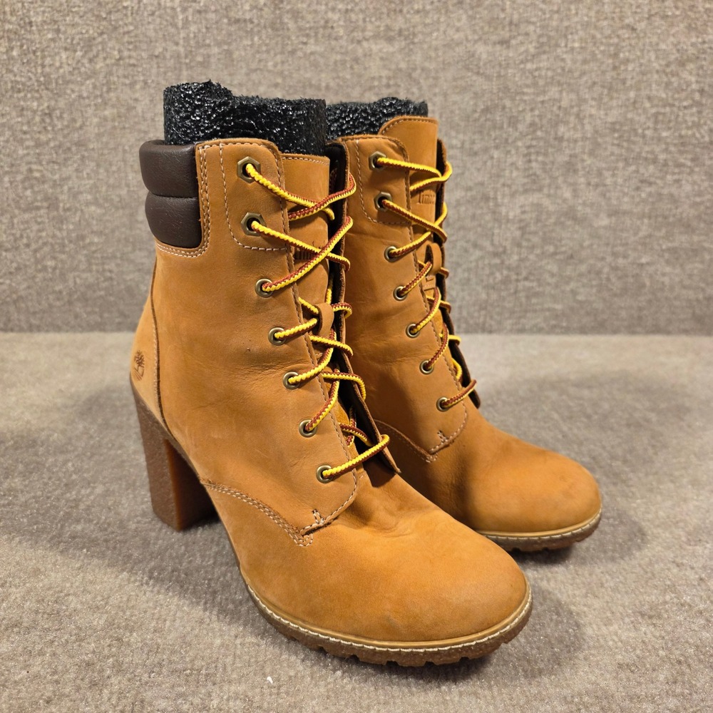 Timberland Glancy 6 Inch Wheat Nubuck Leather Lace Up Block Heel Boots A1KJH 7.5